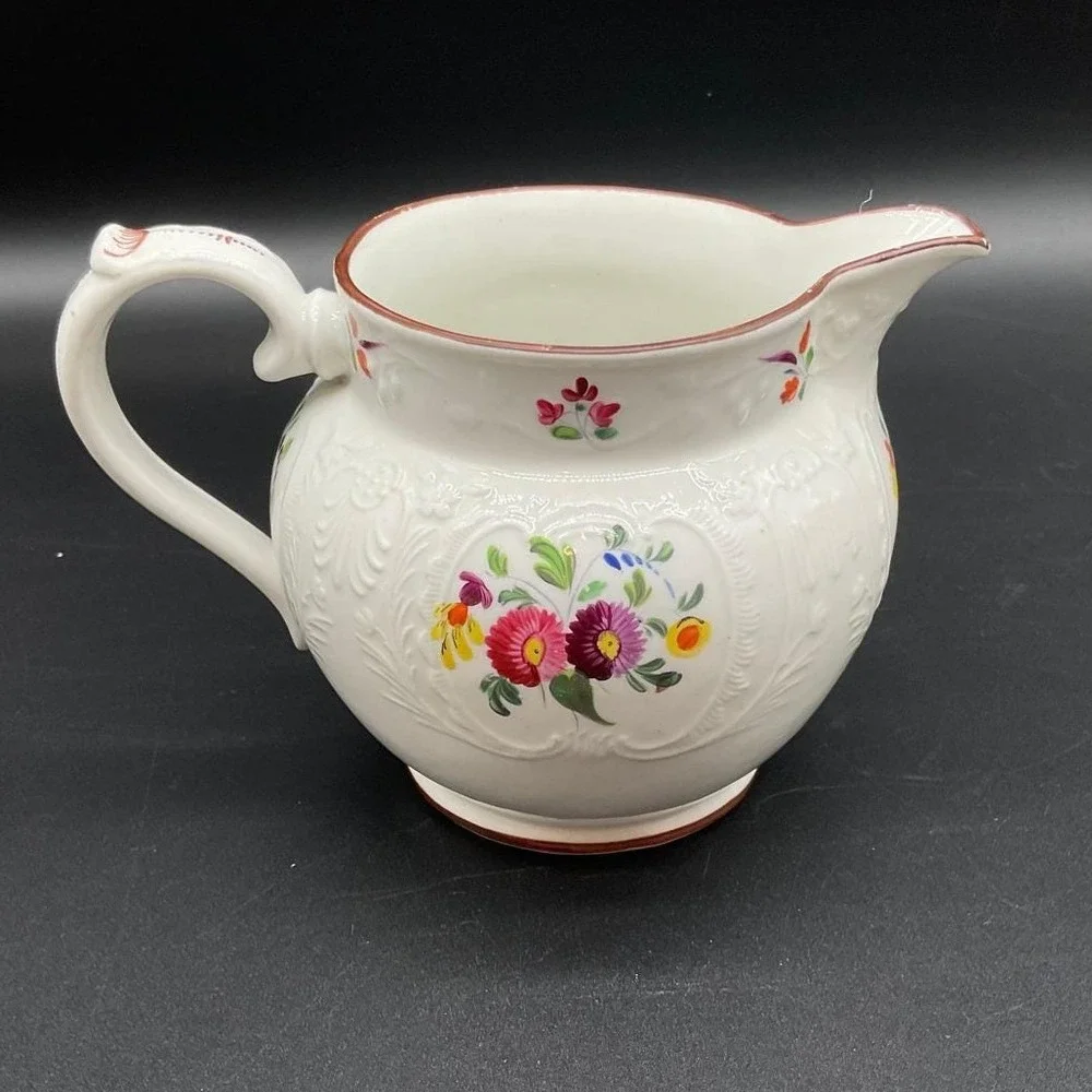 Antique Embossed Floral Creamer Pitcher Unmarked Red Rim 4